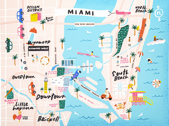 Illustrated map of Miami neighborhoods including Design District, Wynwood, Downtown, Brickell, Little Havana, and South Beach